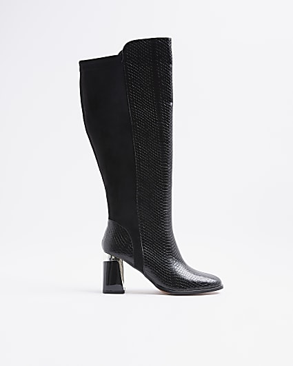 Black Wide Metal Heel Knee High Boot