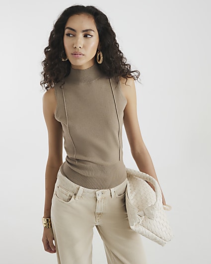 Brown Ribbed Roll Neck Sleeveless Top