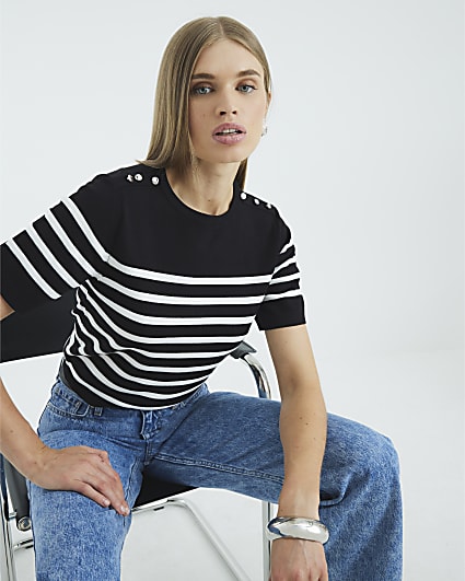 Black Striped Button Detail Knitted T-shirt