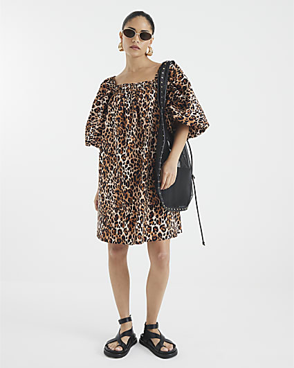 Petite Brown Puff Sleeve Leopard Mini Dress