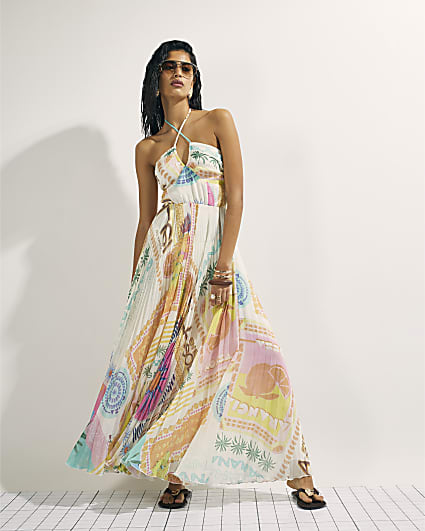 Orange Halter Neck Pleated Maxi Dress