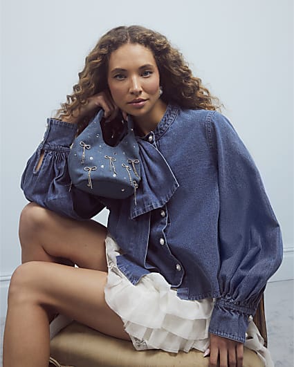 Blue Denim Diamante Bow Grab Bag