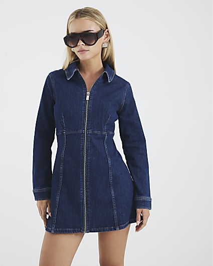 Petite Blue Denim Zip Front Mini Dress