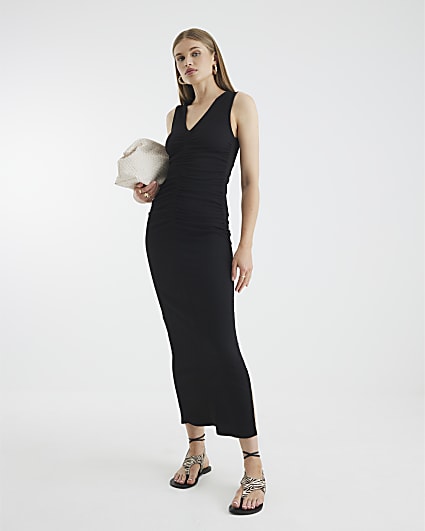 Black Sleeveless Ruched Textured Midi Dress
