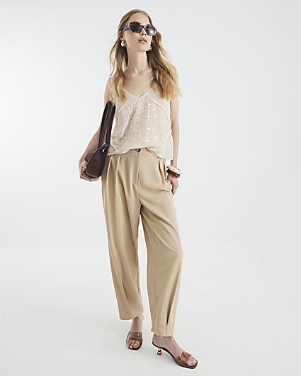 Beige Pleat Front Straight Leg Trousers
