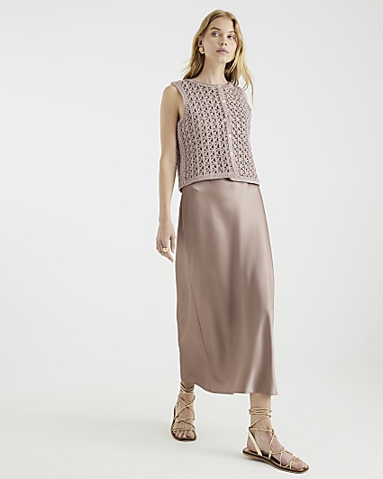 Beige Crochet Waistcoat Hybrid Midi Dress