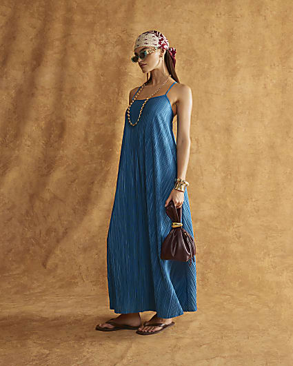 Blue Sleeveless Plisse Trim Maxi Dress