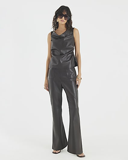 Brown Pocket Faux Leather Bootcut Trousers