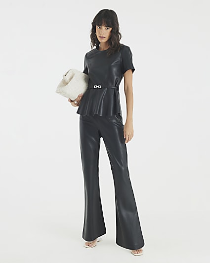 Black Faux Leather Fitted Flared Trousers