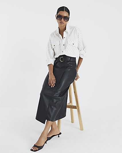 Black Faux Leather Belted Wrap Midi Skirt