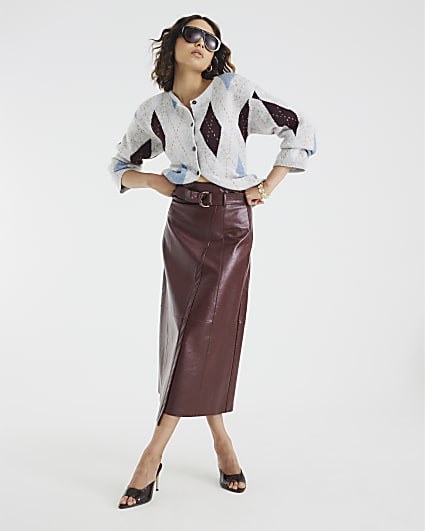 Red Faux Leather Belted Wrap Midi Skirt