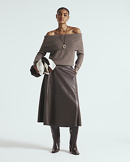 Brown Faux Leather Midi Skirt
