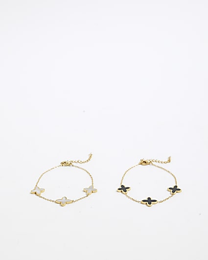 Gold Pearl and Black Petal Bracelet Set