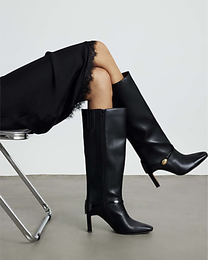 Black High Leg Gold Hardware Heeled Boots