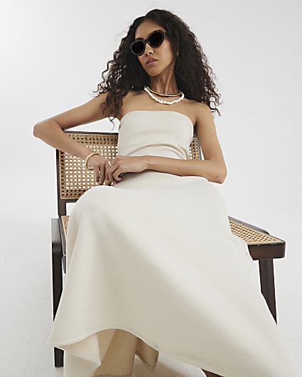 Beige Premium Sleeveless Bandeau Midi Dress