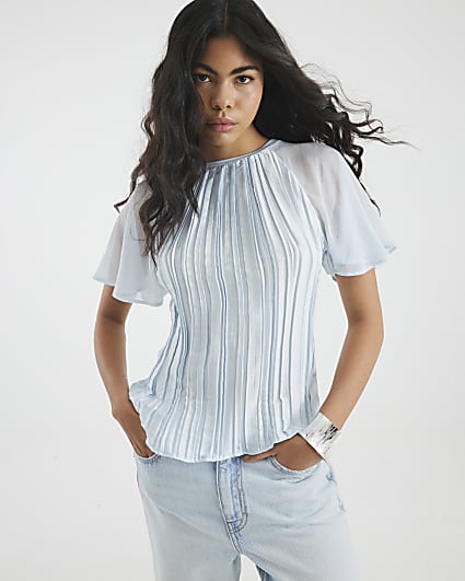 Blue Short Sleeve Pleated Hybrid T-shirt