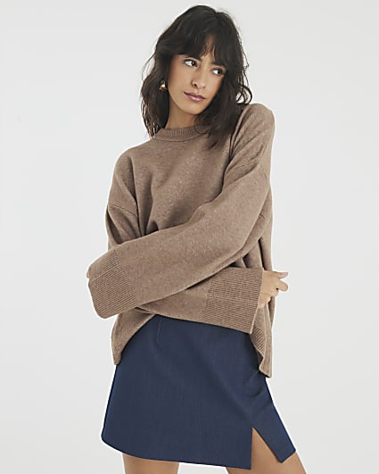 Brown Crew Neck Knitted Jumper