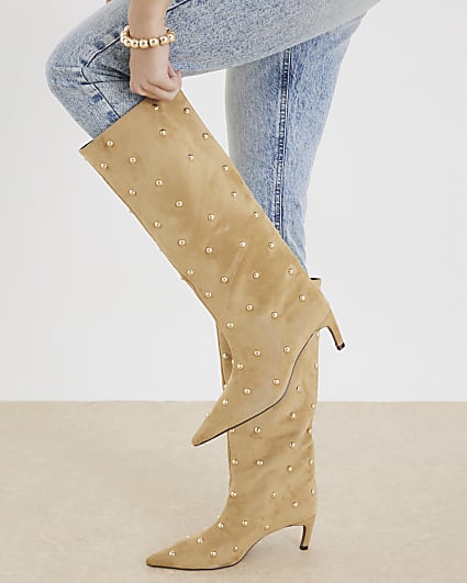 Beige Studded High Leg Boots