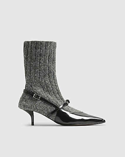 Grey Knit Sock Boot Court Heels