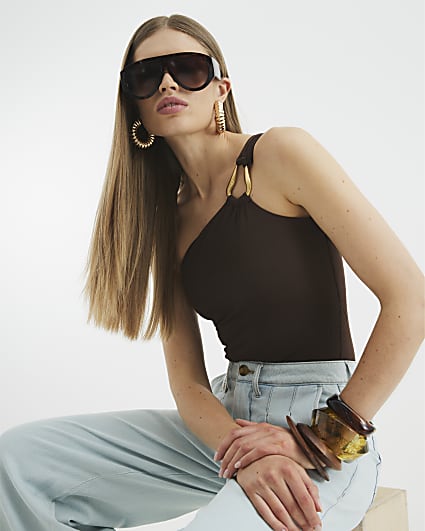 Brown Sleeveless One Shoulder Bodysuit