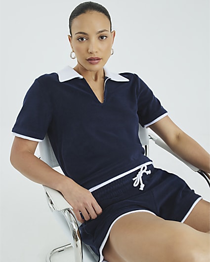 Navy Short Sleeve Towelling Polo Top