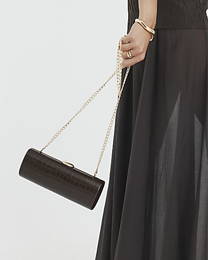 Brown Croc Textured Clutch Bag