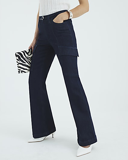 Blue High Rise Relaxed Flared Cargo Jeans