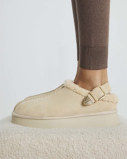 Beige Faux Fur Lined Buckle Mules