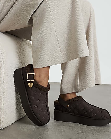 Brown Monogram Faux Fur Lined Buckle Mules