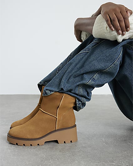 Brown Suede Wedge Faux Fur Lined Boots