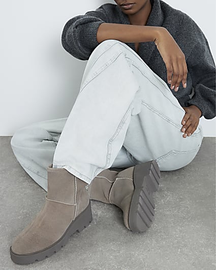 Grey Suede Wedge Faux Fur Lined Boots