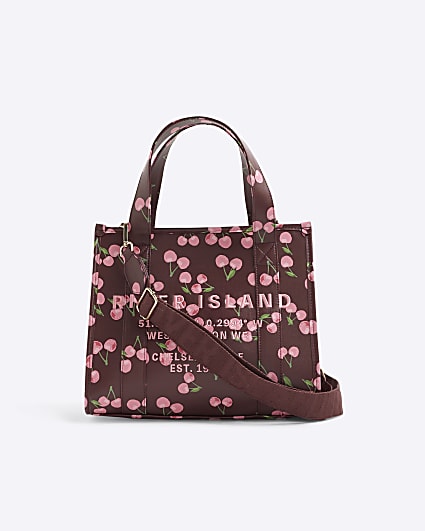 Red Cherry Print Embroidered Tote Bag