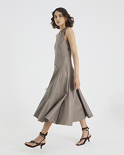 Stone Faux Leather Fitted Waist Midi Dress
