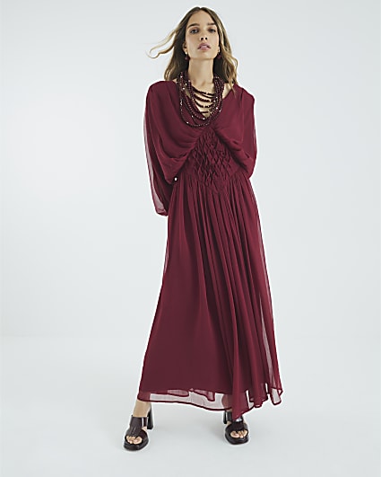 Red Long Sleeve Smocked Maxi Dress