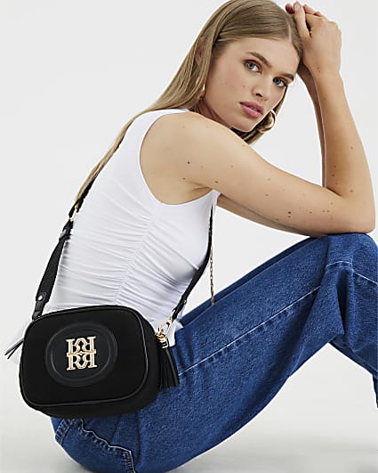 Black RR Faux Suede Monogram Cross Body Bag