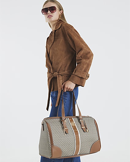 Beige Monogram Print Charm Holdall Bag