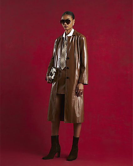 Brown Faux Leather Belted Trench Coat