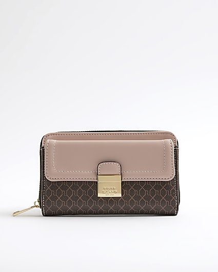 Pink RI Monogram Print Lock Front Purse