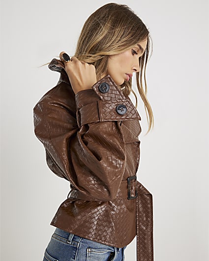 Brown Faux Leather Woven Trench jacket