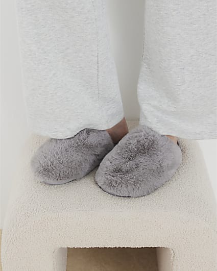 Grey Faux Fur Mule Slippers