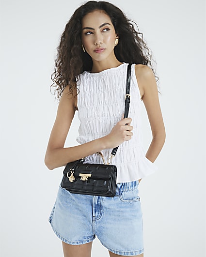 Black Metal Handle Quilted Tote Bag