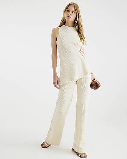 Cream Textured Wide Leg Trousers