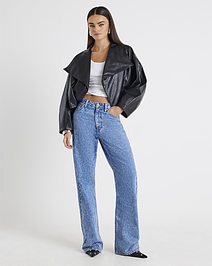 Black Faux Leather Waterfall Collared Jacket