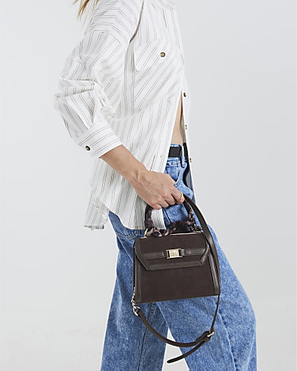 Brown Faux Suede Mini Cross Body Tote Bag
