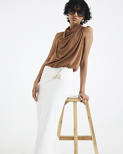 White Wavy Trim Ruched Midi Skirt