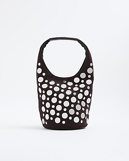 Red Faux Suede Studded Bucket Shoulder Bag