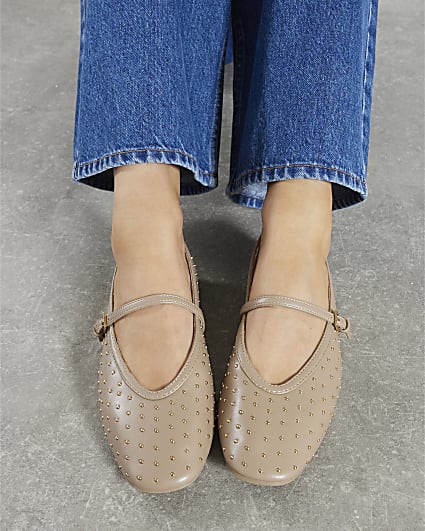 Beige Studded Mary Jane Ballet Pumps