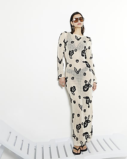 Cream Embroidered Crochet Maxi Beach Dress