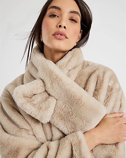Cream Scarf Detail Faux Fur Coat