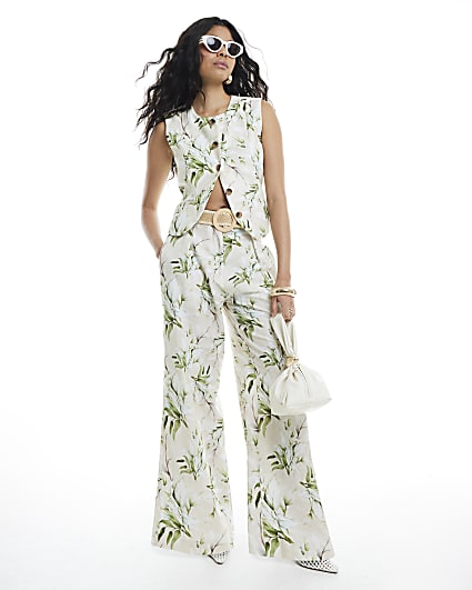 Cream Floral Belted Wide Leg Trousers